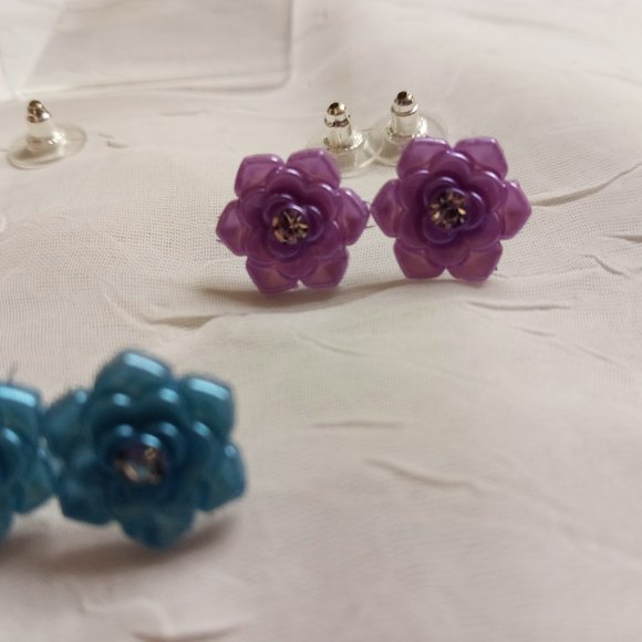 Three Pair Steel Handmade Hand Crafted Resin Flower Stud Earrings Jewelry #51 - Picture 8 of 14